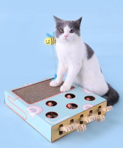 3-in-1 Cat Scratcher Enrichment Toys for Indoor Whack a Mole Game for Cats Interactive Cat Hunt Mouse Toys Cat Teaser Wands to Relieve Boredom and Consume Excess Energy