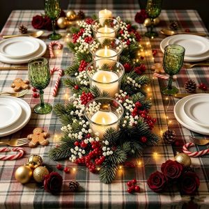 PENTU Red Berry Christmas Wreath Candlestick Flower Pinecone Artificial Wreath Candle Rings Festive Home Ornaments Pillar Candlestick Christmas