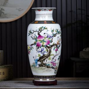 36CM เครื่องประดับตกแต่งบ้านแจกันเซรามิกพร้อมฐานไม้สไตล์จีนห้องนั่งเล่นของขวัญขึ้นบ้านใหมงานฝีมือตกแต่งบ้านสร้างสรรค์