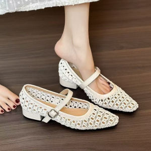 2026 Vintage Woven Cutout Breathable Square Toe Block Middle Heel Mules Shoes for Women Summer Straight Strap Buckle Mary Jane Sandals