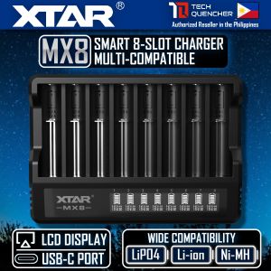 XTAR MX8 Smart Battery Charger - 8 Slots- Mix Charging - USB-C - LCD Display- Included PD20W Adaptor