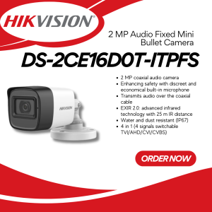HIKVISION 2MP Audio Mini Bullet CCTV Camera Night Vision Security Cam - DS-2CE16D0T-ITPFS
