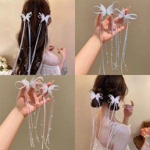 Long Ribbon Beads Tassel Hair Clip Mesh Butterfly Duckbill Clip Girls Sweet Hair Accessories