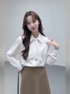 AMMIN 2025 Early Autumn New Fashion Retro Beaded Ribbon Turn-Down Collar Commuter Professional Long Sleeve Chiffon Shirt for Women Korean Style Simple Solid Color Single-Breasted Elegant Blouse
