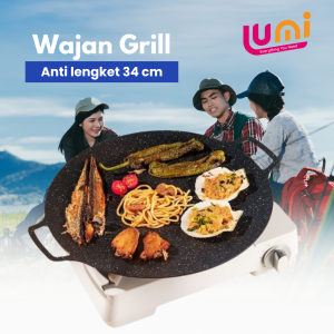 WAJAN GRILL PAN PANGGANGAN SERBAGUNA BBQ KOREAN GRILL PAN 34 CM ANTI LENGKET MARBLE BULAT DATAR NON STICK