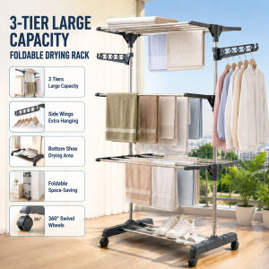 【SG STOCK】4-Tier Foldable Laundry Rack  - Free-Standing Portable With Wheels for Space Saving