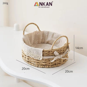 Giỏ Đựng Đồ Picnic Hình Tròn Có Quai – Đan Tay Thủ Công Lót Vải Hoa Vintage Trang Trí Decor Xinh Xắn