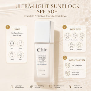Clair SKIN SOLUTIONS Sunscreen SPF50 PA++++ 40ml No White Cast Non Oily Lightweight Matte UV Protection Face Body