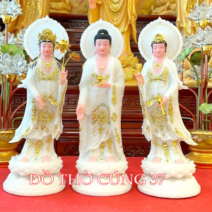 [ Cao 40 cm  TRẮNG  VÀNG ] Tây Phương Tam Thánh Đứng Chất Liệu Bột Đá + Composite