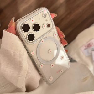 Korean Flowers Fold Love Heart Mirror Magnetic Bracket Phone Case For IPhone 17 16 15 14 13 Pro Max Clear Shockproof Soft Cover