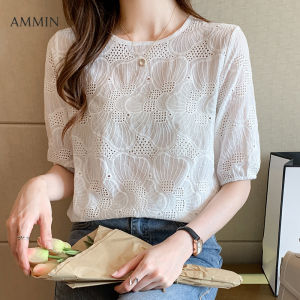 AMMIN 2021 summer Korean embroidered hollow five-point sleeve blouse womens round neck short sleeve all-match elegant chiffon shirt female tops