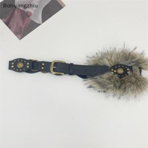 Bohuangzhiu Punk PU Studded Fur Belt Y2K Vintage Faux Fur Waistband Metal Plush Furry Waistband Jeans Waist Belts Accessories