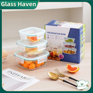 Glaven 3Pcs/set Glass Microwave Lunch Box Heat Resistant Storage Container Lunch Box Set Silicone Kitchenware Bekas Kedap Udara 玻璃饭盒套装  餐盒