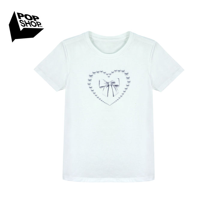 Pop Shop Ladies Silver Bow Pearl Heart Graphic T-shirt White