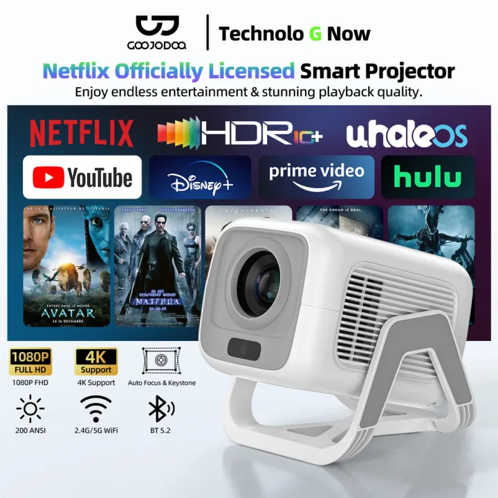 Draagbare mini-projector Full HD 4K voor thuisbioscoop, intelligente projector met autofocus, 180 graden draaibaar, wifi, Bluetooth, geïntegreerd besturingssysteem Android 11.0, compatibel met mobiele