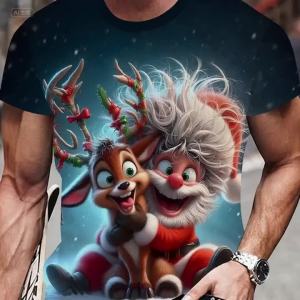 2025 Áo thun nam in 3D ông già Noel tuần lộc mới thời trang tay ngắn chủ đề Giáng sinh oversized quần áo nam Y2k