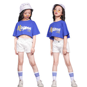 LOLANTA Kids Casual Daily Clothes Girls Boys Blue T-shirt Croptop & White Shorts/Skirts Set Hip-hop Outfit for Girls Performance Dance Clothing 4-16 Years