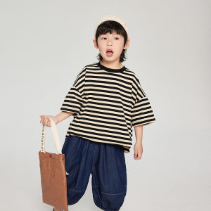 Summer New Boys T-shirts fashion striped loose half sleeve Tees Kids cotton casual Tops clothes2026