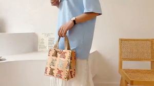 Canvas Tote Bag Bento Bag Lunch Bag Inner Pocket Cat Butterfly Print Vintage Button Office Daily Reusable