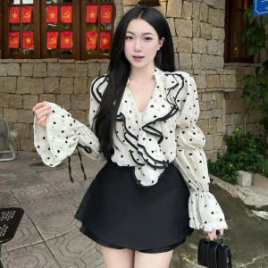 Set chấm bi nữ đi tiệc set công sở đi chơi xinh 3 món áo trong kèm áo tay dài Tơ bèo in tim tay bồng mix váy ngắn Tapta có lót