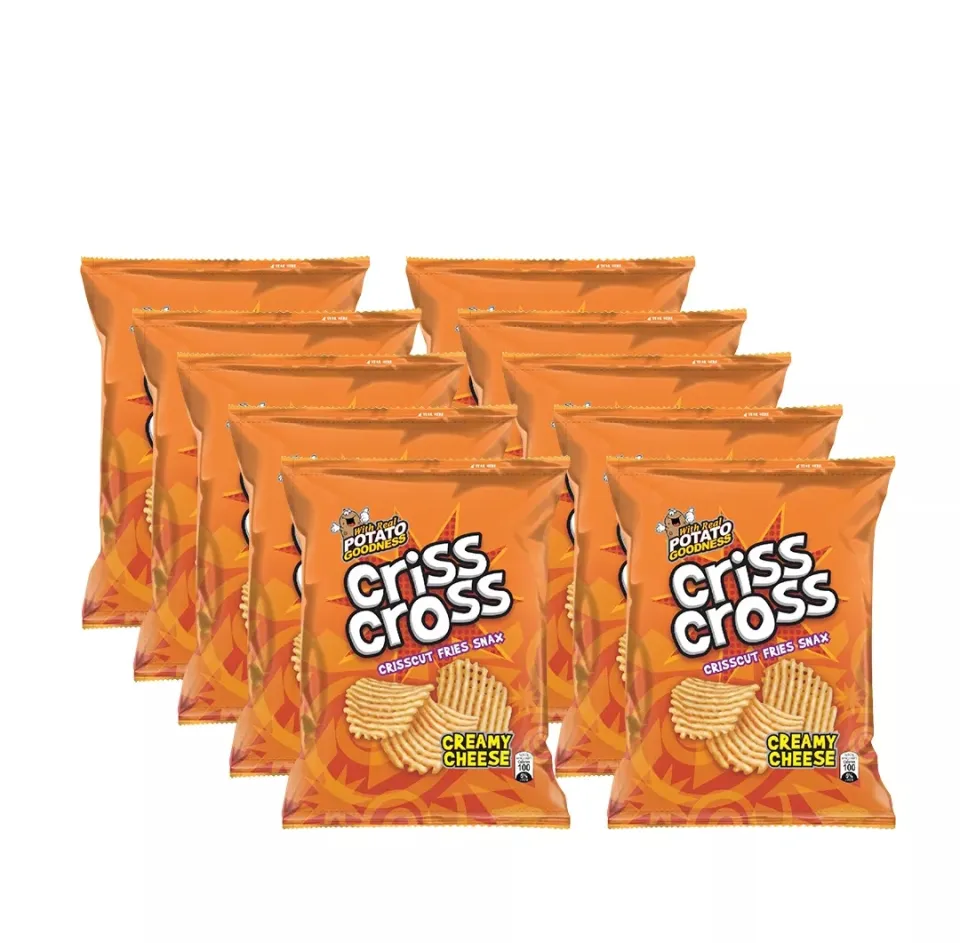 CRISS CROSS, BUNDLE OF 10, CREAMY CHEESE FLAVOR, CHEESY SOUR CREAM ONION, WITH REAL POTATO GOODNESS, CRISSCUT FRIES SNAX