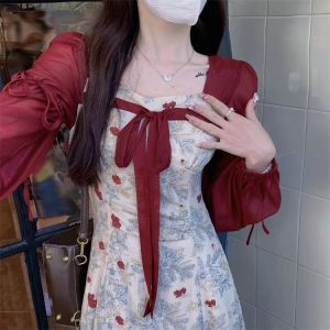 Dazzlin 2024 แฟชั่นใหม่บวกขนาดผู้หญิงอ้วน MM ชุดเดรสผ้าชีฟองแขนยาวคลุมหน้าท้องต้นฤดูใบไม้ร่วงชุดเดรสลายดอกไม้สีแดงสไตล์จีนใหม่