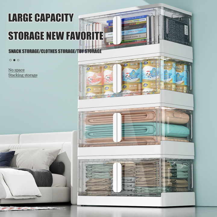 Foldable stackable storage organizer box plastic transparency double