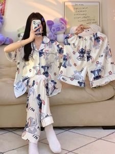 Anime Disney Stitch Silk Pajamas Womens Summer Casual Home Short-Sleeved Trousers Three-Piece Loungewear Womens Pajamas Set