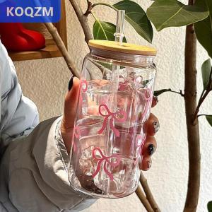 [COD] KOQZM 500Ml Bow Nhựa Cốc Nước Mason Jar Hình Chai Nước Với Nắp Và Rơm Cho Cà Phê Đá Nước Trái Cây Uống Cup Quà Tặng