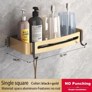 ชั้นวางของในห้องน้ำอุปกรณ์เสริมอะลูมิเนียมชั้นวางในห้องน้ำสีดำทองชั้นวางผ้าขนหนูแบบไม่ต้องเจาะติดผนังห้องน้ำชั้นสามเหลี่ยม