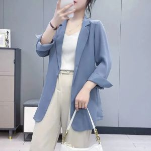เสื้อเบลเซอร์ทรงหลวมสไตล์เกาหลีสำหรับผู้หญิงเสื้อแจ็คเก็ตสไตล์เรียบง่ายแขนเก้าส่วนสีพื้นเสื้อผ้าชีฟองสำหรับผู้หญิง