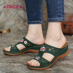 Atikota Women Embroidered Flower Sandals Retro Style Non-slip Wear-resistant Thick Sole Comfortable Wedges Sandal