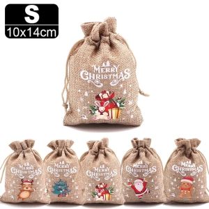 20/10Pcs Christmas Linen Drawstring Bags Candy Biscuits Pouchs Xmas Favor Bracelet Jewelry Packaging Santa Claus Pattern Sacks