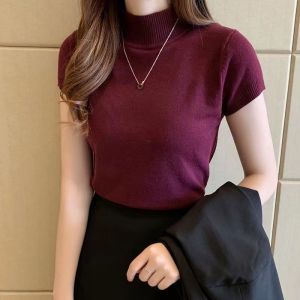 789MALL Korean Fahsion Slim Fit Plain Turtle Neck Short Sleeves Knitted Blouse Tops Casual Blouse Slim Fit Summer Knit 8212