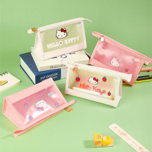 *AUG DEALS* Cute Cartoon Kitty Pencil Case Semi Transparent PVC Waterproof Zipper Stationery Multipurpose Storage Bag