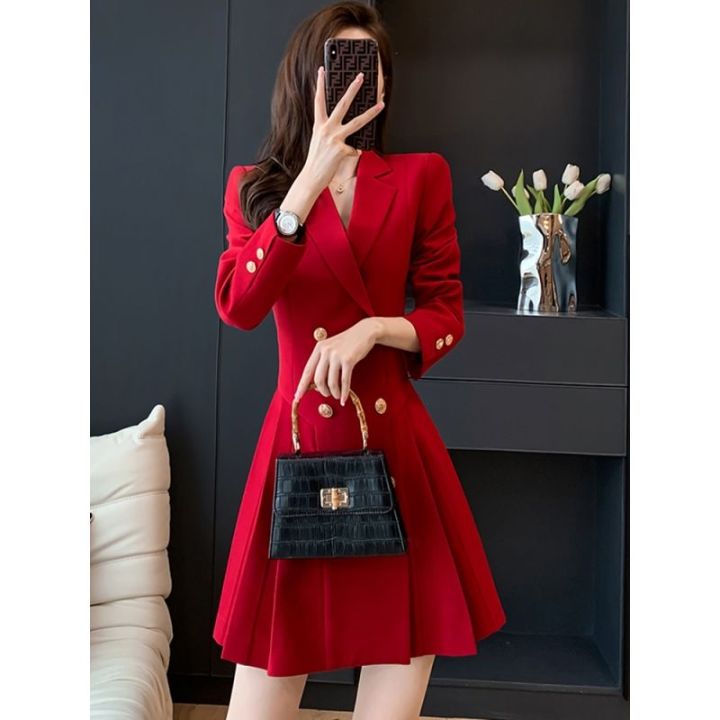 Skirt Plus Red Blazer Red Suit Dress Women High-waisted Double