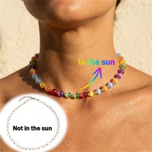 ELFINL Beads UV  Irradiation Color Changing Necklace UV Reactive Cat Eye UV Reactive Choker Beaded Jewelry Set Pastel Colors Beaded Necklace Bracelet Set Beach Holiday