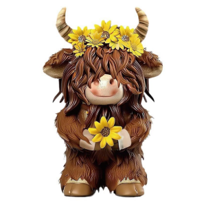 Flower Themed Resins High Land Cow Figurine Home Decoration Spring Cattle Miniature Ornament for Office Desk Display