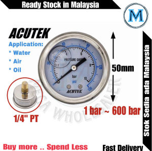 ACUTEK 2" 50mm Pressure Gauge 1~600Bar Back Type 1/4" PT Thread 50mm Diameter Semi Stainless Steel Shockproof GaugeoilwaterGauge