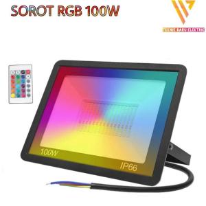 LAMPU SOROT RGB 100W LED WARNA WARNI REMOTE FLOOD LIGHT 100 WATT HIAS OUTDOOR PELAMINAN WATERPROOF SNI EMICO TAMAN TEMBAK PESTA DINDING TEMPEL AC 220V