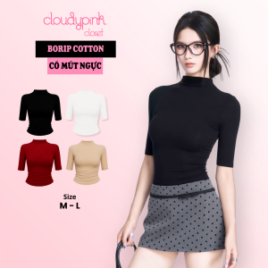 50Áo cổ lọ tay lỡ nữ có mút ngực borip cotton co giãn dáng dài ôm body CloudyPink