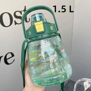 1500ML Water Bottle Cute With Time Marker & Straw Big Belly Cup Portable water bottle for kids tumbler School Office Gym