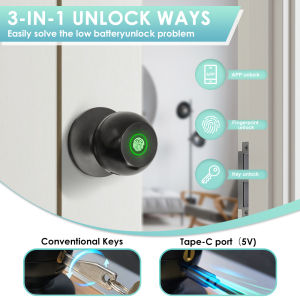TUYA Smart Door Knob APP Remote Unlock Fingerprint Password RFID Card Key Auto Rechargeable Electronic Lock For Wooden Door Office Apartment No Need to Change Lock Body Smart Home Product