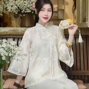 QC_ Set áo cổ Tàu thêu hoa phối quần dài đồ làm cách tân đi chùa set chơi Tết áo Tơ thêu hoa tay lỡ cổ tàu dây rút mix quần dài Lụa Phi