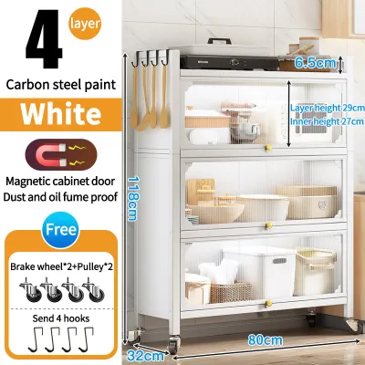 Rak Dapur Multi-Layer Kitchen Storage Floor Storage Rack Multi-Functional with Door Wheels Microwave Oven rack dust-proof flip Storage