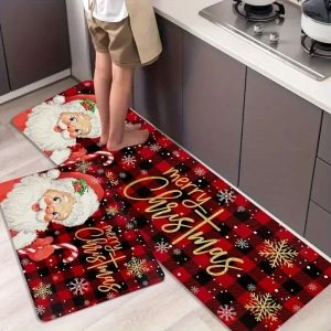 FONESH Xmas Tree Pattern Christmas Kitchen Rugs Santa Claus Home Decoration Xmas Floor Mats Christmas Decor Non-slip Christmas Entrance Carpets Balcony Bathroom