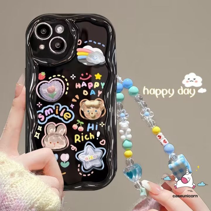 Cute 3D Doll Blue Bracelet Case Compatible for IPhone 6S Plus XR 11  13 12 14 Pro Max X XS MAX SE 2020 Cartoon Cloud Little Bear Rabbit Graffiti 