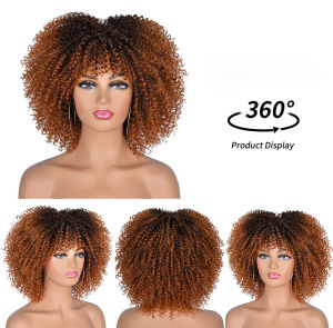 【New Arrivel】original Newest Short Hair Afro Kinky Curly Wigs with Bangs African Synthetic Ombre Glueless Cosplay Brown Mixed Blonde Wigs Annivia Wig for Women Human Hair True Hair