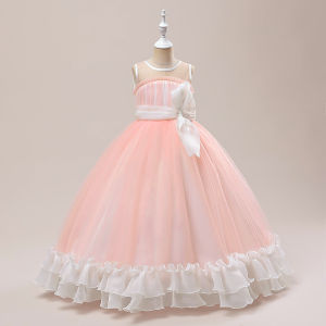 Girls Pink Lace Sleeveless Long Dress – Kids Clothing Elegant Mesh Ball Gown for Birthday Party Wedding Performance & Evening Events | Ages 8-12