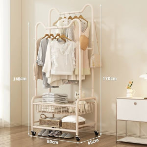 Heavy Duty Clothes RacksDouble Clothes Rack Organisers Rails For Bedroom With WheelsDouble Poles Metal Coat Rail Storage Shelf